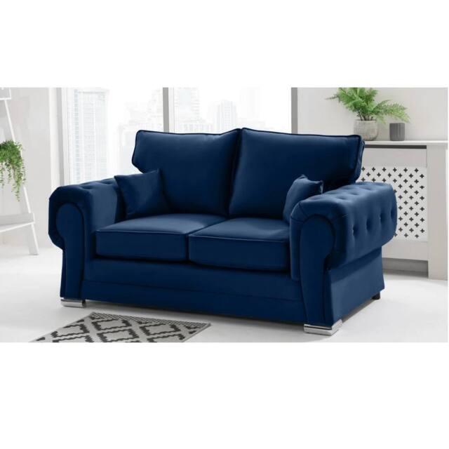 Furniture 786 Chingford Plush Velvet Full Back 2 Seater Sofa in Mid Blue - image 1