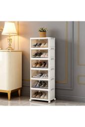 Living and Home 6-Tier Foldable Shoe Cabinet with Wheels Rolling Storage Box 39cm W x 28cm D in Cream - Size: XL - thumbnail 4