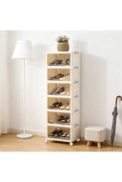 Living and Home 6-Tier Foldable Shoe Cabinet with Wheels Rolling Storage Box 39cm W x 28cm D in Cream - Size: XL - thumbnail 2