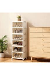 Living and Home 6-Tier Foldable Shoe Cabinet with Wheels Rolling Storage Box 39cm W x 28cm D in Cream - Size: XL - thumbnail 5
