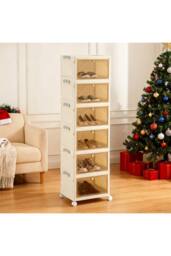 Living and Home 6-Tier Foldable Shoe Cabinet with Wheels Rolling Storage Box 39cm W x 28cm D in Cream - Size: XL