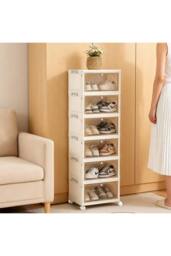 Living and Home 6-Tier Foldable Shoe Cabinet with Wheels Rolling Storage Box 39cm W x 28cm D in Cream - Size: XL - thumbnail 3