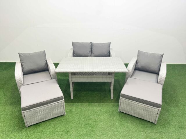 Fimous Light Grey PE Wicker Rattan Garden Furniture Set Sofa Set Reclining Chair Rectangular Dining Table 6 Seater 2 Big Stools - image 1