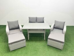 Fimous Light Grey PE Wicker Rattan Garden Furniture Set Sofa Set Reclining Chair Rectangular Dining Table 6 Seater 2 Big Stools - thumbnail 2