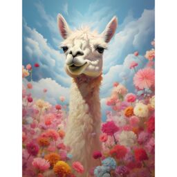 Artery8 Wall Art Print Happy Llama Peeking Head Over Pink Flowers Bright Colourful Artwork Kids Bedroom Dreamy Spring Meadow Poster - thumbnail 1