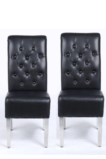 Modernique A Pair (x2) Leather Aire High Back Dining Chairs with Chrome Legs in Black - image 1