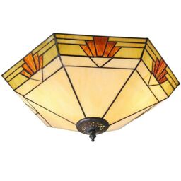 Loops Tiffany Glass Semi Flush Ceiling Light Cream & Red Inverted Hex Shade i00058 in Clear