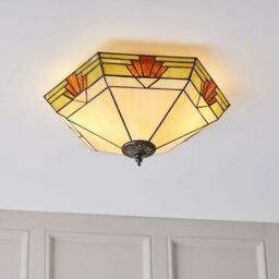 Loops Tiffany Glass Semi Flush Ceiling Light Cream & Red Inverted Hex Shade i00058 in Clear - thumbnail 5