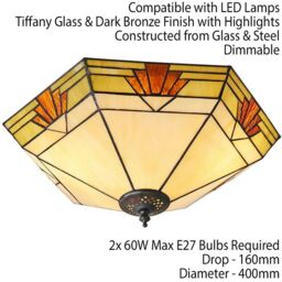 Loops Tiffany Glass Semi Flush Ceiling Light Cream & Red Inverted Hex Shade i00058 in Clear - thumbnail 2