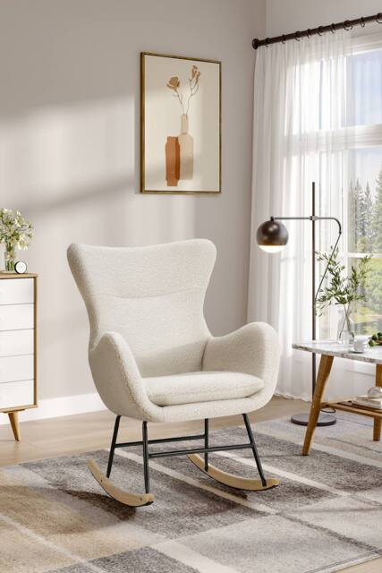 Living and Home Comfy Netural Bouclé Upholstered Rocking Accent Chair with High Backrest and Armrests in White - image 1