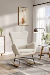 Living and Home Comfy Netural Bouclé Upholstered Rocking Accent Chair with High Backrest and Armrests in White - thumbnail 1