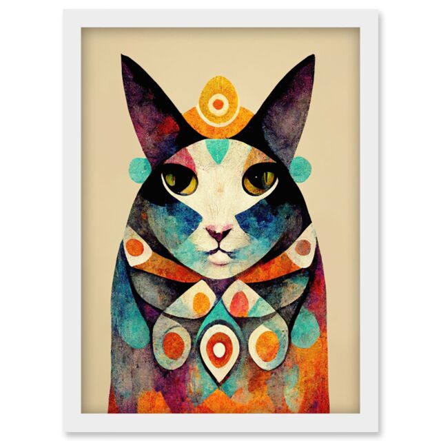 Artery8 Quirky Boho Abstract Modern Shaman Guru Cat Artwork Framed Wall Art Print A4 in White - image 1
