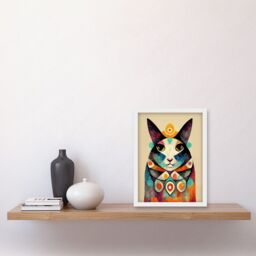 Artery8 Quirky Boho Abstract Modern Shaman Guru Cat Artwork Framed Wall Art Print A4 in White - thumbnail 2