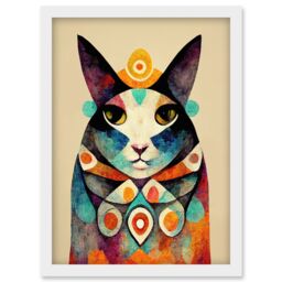 Artery8 Quirky Boho Abstract Modern Shaman Guru Cat Artwork Framed Wall Art Print A4 in White - thumbnail 1