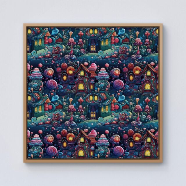 "Warren Reed - Designer Whimsical Gingerbread House Pattern Framed Canvas in Light Brown - Size: W30"" x H30""" - image 1