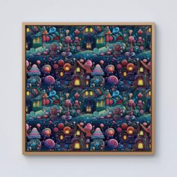 "Warren Reed - Designer Whimsical Gingerbread House Pattern Framed Canvas in Light Brown - Size: W30"" x H30"""