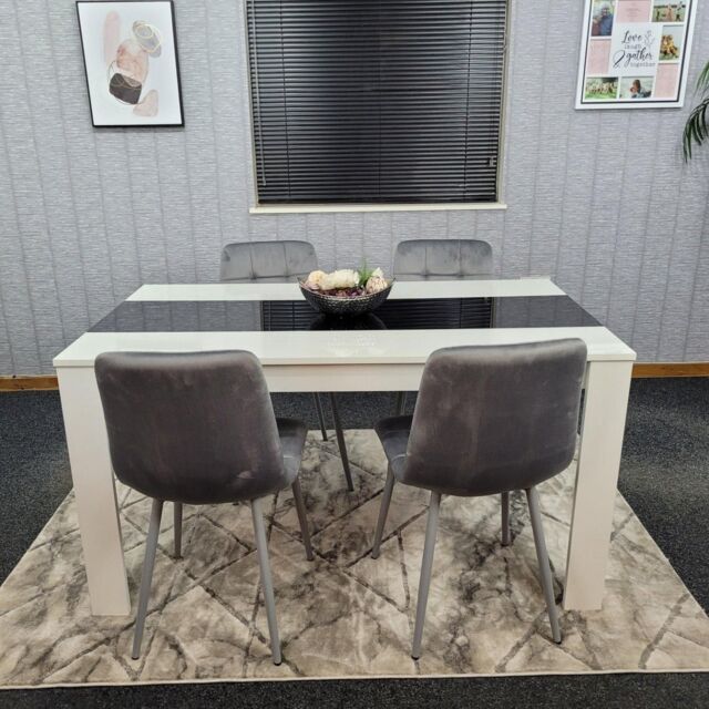 KOSY KOALA Modern White & Black Dining Table Set With 4 Grey Velvet Chairs Dining Room Furniture - Size: 140 cm x 80 cm - image 1