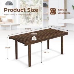 Costway 98cm Coffee Table Rubber Wood Center Table w/Slatted Wood Tabletop Rectangle for Living Room in Brown - thumbnail 2