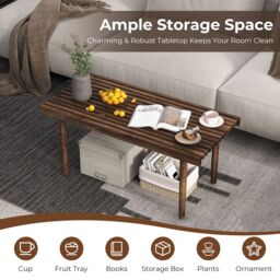 Costway 98cm Coffee Table Rubber Wood Center Table w/Slatted Wood Tabletop Rectangle for Living Room in Brown - thumbnail 4