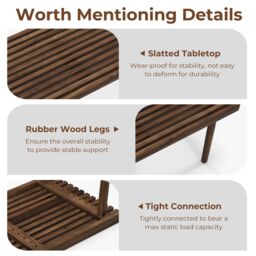 Costway 98cm Coffee Table Rubber Wood Center Table w/Slatted Wood Tabletop Rectangle for Living Room in Brown - thumbnail 3