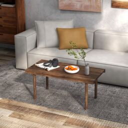 Costway 98cm Coffee Table Rubber Wood Center Table w/Slatted Wood Tabletop Rectangle for Living Room in Brown - thumbnail 1