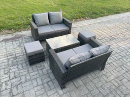 Fimous Wicker Rattan Garden Furniture Sofa Set with Rectangular Coffee Table Double Seat Sofa 2 Small Footstool 6 Seater Outdoor Rattan Set - thumbnail 1