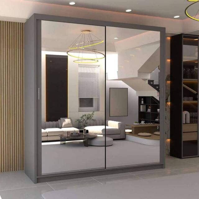 MN Furniture Double Mirror Sliding Door Wardrobe W90cm x H200cm in Grey - Size: 1 Pack - image 1