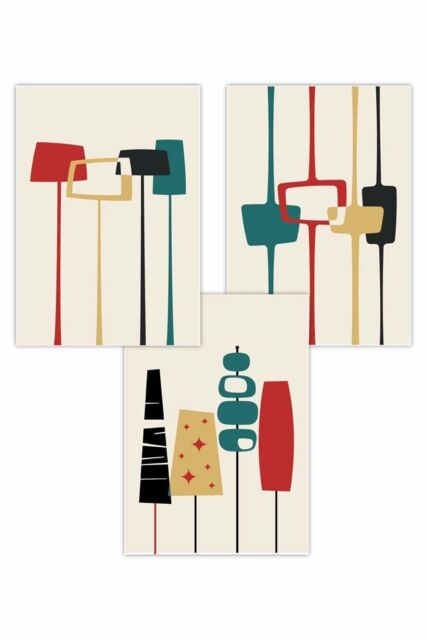 ARTZE Set of 3 Mid Century Modern in Teal Red Yellow Art Posters - Size: W50 cm x H70 cm - image 1