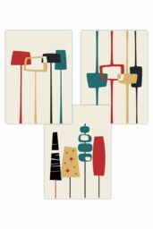ARTZE Set of 3 Mid Century Modern in Teal Red Yellow Art Posters - Size: W50 cm x H70 cm