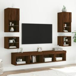 Berkfield Home TV Wall Cabinet with LED Lights Brown Oak 30x28.5x30 cm - thumbnail 5