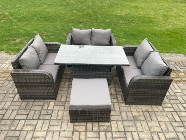 Fimous Rattan Garden Outdoor Furniture 3 PC Love Sofa Set Patio Adjustable Rising lifting Dining Table With Big Footstool in Dark Grey - image 1