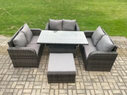Fimous Rattan Garden Outdoor Furniture 3 PC Love Sofa Set Patio Adjustable Rising lifting Dining Table With Big Footstool in Dark Grey - thumbnail 1