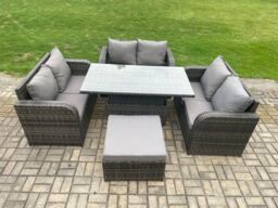 Fimous Rattan Garden Outdoor Furniture 3 PC Love Sofa Set Patio Adjustable Rising lifting Dining Table With Big Footstool in Dark Grey - thumbnail 2