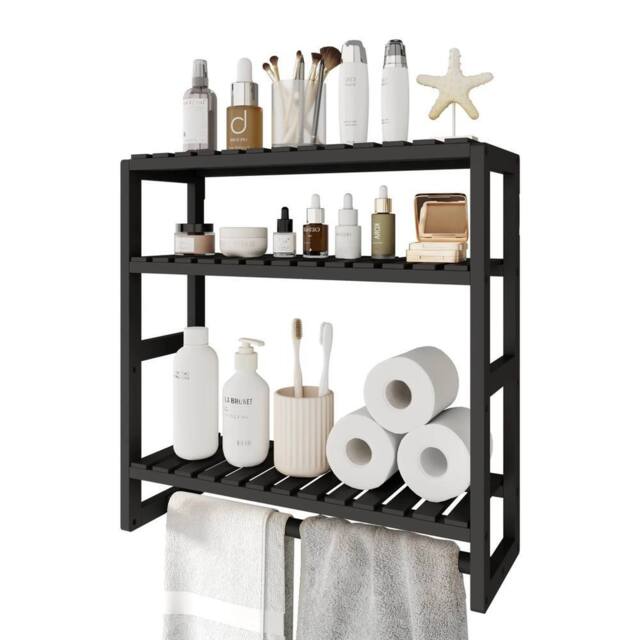 FORGEVIO Bathroom Shelf Storage Adjustable Bamboo shelf 3-Tiered in Black - image 1