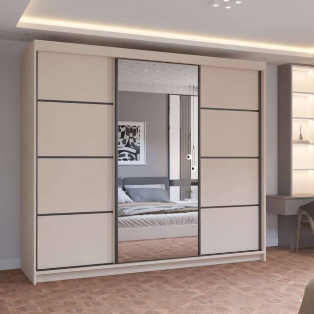 MN Furniture Pearl Contemporary 3 Door Wardrobe with Mirror Finish 250 cm x 217cm in Cream - image 1
