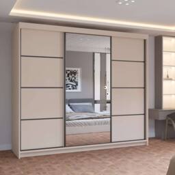 MN Furniture Pearl Contemporary 3 Door Wardrobe with Mirror Finish 250 cm x 217cm in Cream