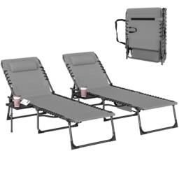 OUTSUNNY Folding Sun Loungers with 5-Level Back, Cup Holder in Grey - Size: 190 cm x 60 cm - thumbnail 2