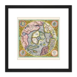 Artery8 Map 1606 Mercator Hondius Polar Arctic 8X8 Inch Square Wooden Framed Wall Art Print Picture with Mount in Black - thumbnail 1