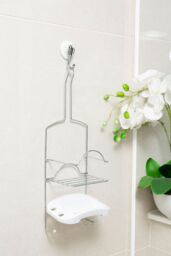 Orsina Contemporary 2 Tier White Shower Caddy, Chrome Finish Metal Bathroom Caddy, Wall Hanging Shower Shelf in Silver - thumbnail 2