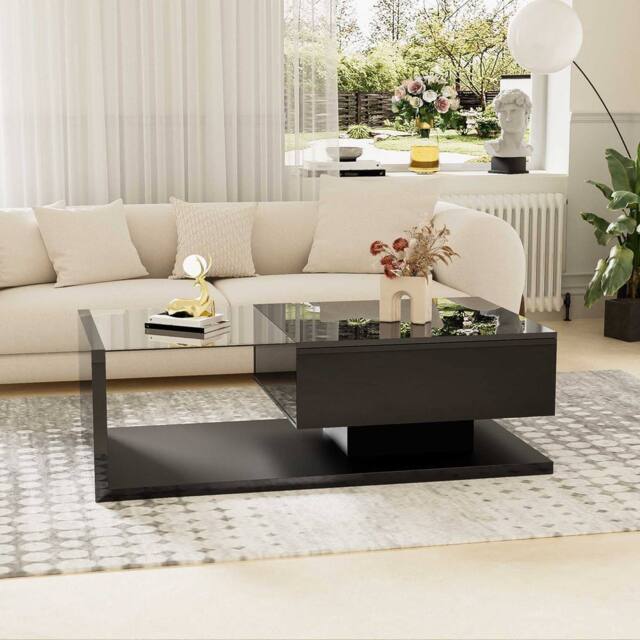 STILVORA Coffee Table with LED Storage & Glass Top Black - image 1