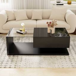STILVORA Coffee Table with LED Storage & Glass Top Black - thumbnail 2