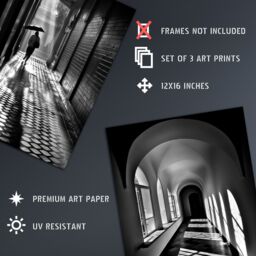 Artery8 Wall Art Print Set of 3 Shadows & Light Black & White Photographs Geometric Patterns Atmospheric Corridors Living Room Poster s Pack - thumbnail 4