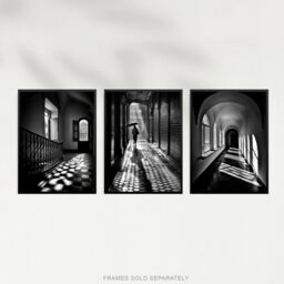 Artery8 Wall Art Print Set of 3 Shadows & Light Black & White Photographs Geometric Patterns Atmospheric Corridors Living Room Poster s Pack - thumbnail 5