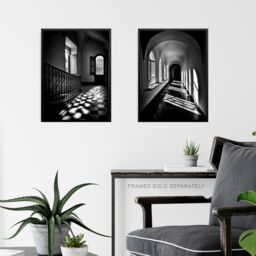 Artery8 Wall Art Print Set of 3 Shadows & Light Black & White Photographs Geometric Patterns Atmospheric Corridors Living Room Poster s Pack - thumbnail 6