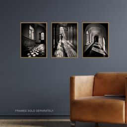 Artery8 Wall Art Print Set of 3 Shadows & Light Black & White Photographs Geometric Patterns Atmospheric Corridors Living Room Poster s Pack - thumbnail 2