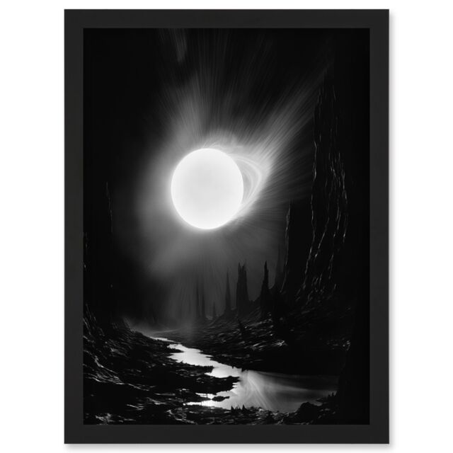 Artery8 Wall Art Print Solar Flares Dramatic Fantasy Landscape Black & White Surreal Hades Underworld Artwork Framed A4 - image 1