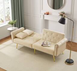Merax Two Seater Velvet Sofa Bed with Adjustable Backrest in Beige - thumbnail 8