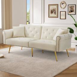 Merax Two Seater Velvet Sofa Bed with Adjustable Backrest in Beige - thumbnail 1