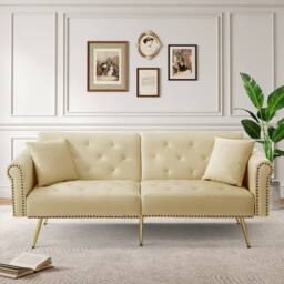 Merax Two Seater Velvet Sofa Bed with Adjustable Backrest in Beige - thumbnail 2