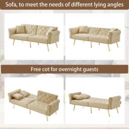 Merax Two Seater Velvet Sofa Bed with Adjustable Backrest in Beige - thumbnail 6